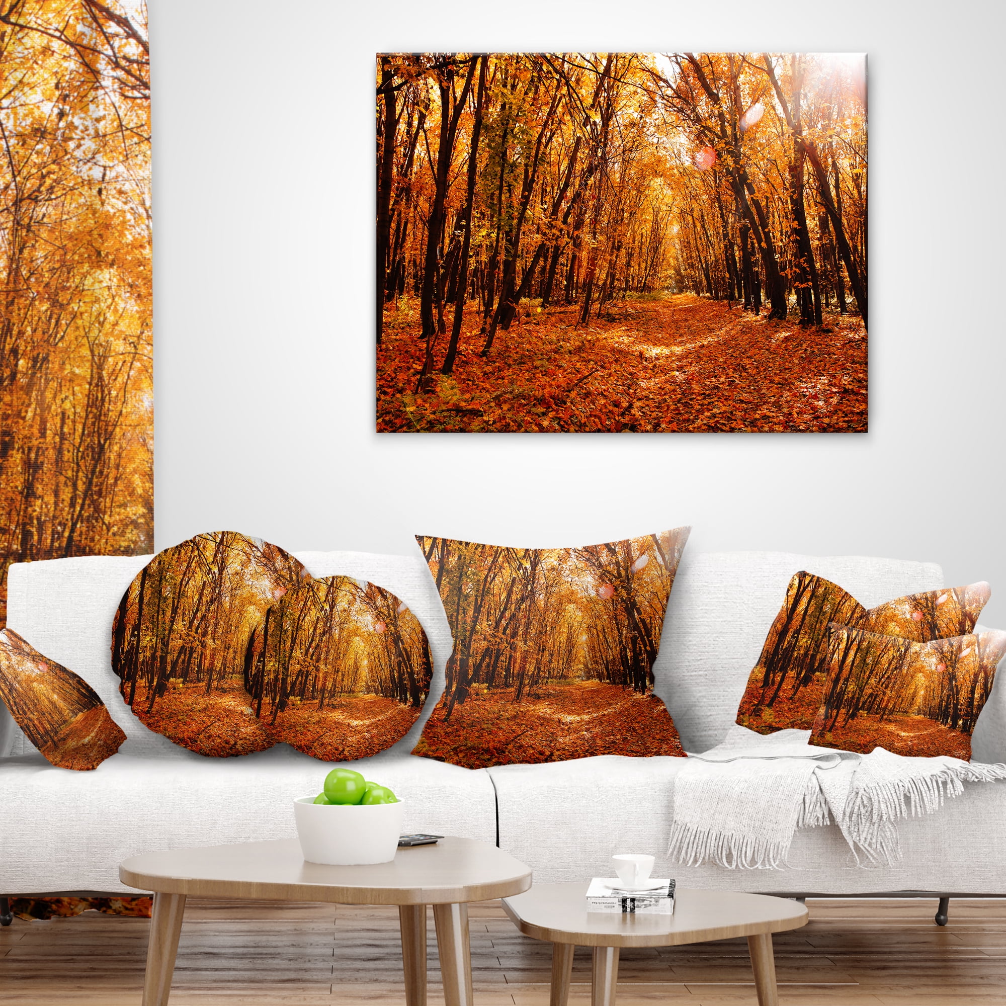 Designart Yellow Falling Leaves in Forest - Landscape Photo Throw Pillow - 18x18