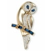 Simulated Blue Sapphire and Crystal Owl Pin 4 TCW in Yellow Goldtone