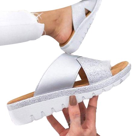 

LIANGP Ladies Slippers Women Sandals Ladies Wedge Summer Slippers Outside Solid Color Leather Female Slides Fashion Womenman Sandals Women s Shoes Silver Size 7.5