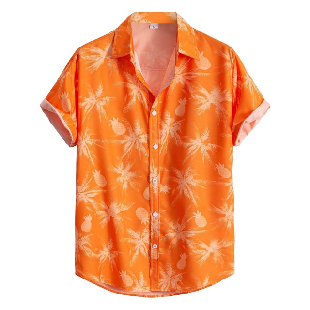 Camisas De Para Hombre Camisa de verano hawaiana de playa de con botón de puño corto de color con estampado de solapa suelta para hombre informal (Orange, XXL)