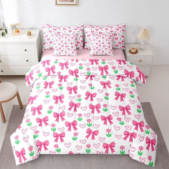 Manfei Teens Female Kawaii Bow Knot Twin Bedding Sets 7-Piece,Chic Floral Bow Bedding Comforter Set Microfiber,Love Heart Print Breathable Sheet Sets,Lightweight Room Decor,Reversible