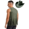 thumbnail image 2 of Doomiva Costume de Cowboy Western pour Hommes Sans Manches à Franges Rivets Gilet Ouvert et Chapeau Vert Armée TG, 2 of 5
