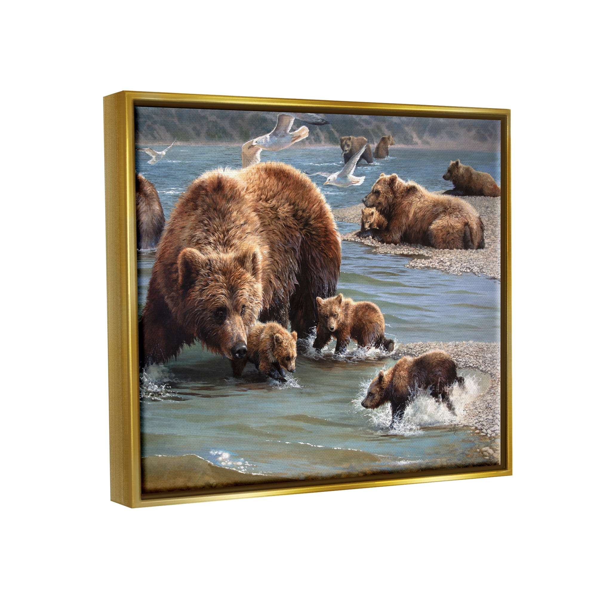 Stupell Industries Grizzly Bear Family Fishing Animals & Insects Painting Gold Floater Framed Art Print Wall Art