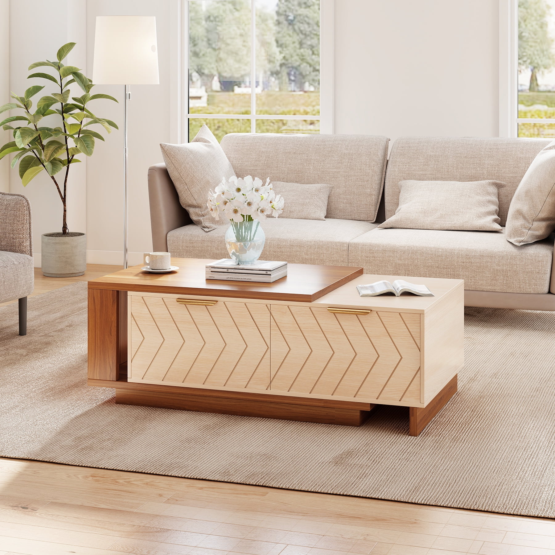 Expandable Coffee Table with Storage, 42''-65'' Two-Tone Wood Coffee Table with 2 Drawers for Living room