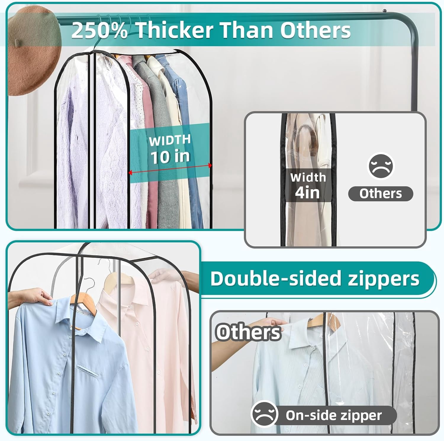 6 Pack Clear Garment Bags for Hanging Clothes with Zippers on Double Sides - 32&40&60" Long Suit Bags - 10'' Clothes Storage for Coat, Dress, and Fur in Closet