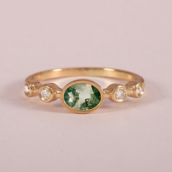 Oval Moss Agate & Diamond Ring, 925 Starling Silver Ring, 5 Stone Ring, East West Ring, Stackable Ring, Birthstone Ring