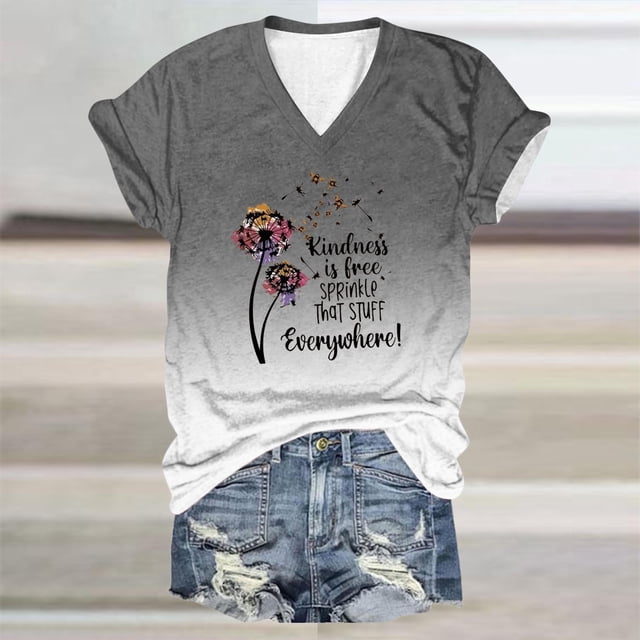 Blouses for Women, Womens Mothers Day Gradient Printed Pullover V-neck Short Sleeved Top