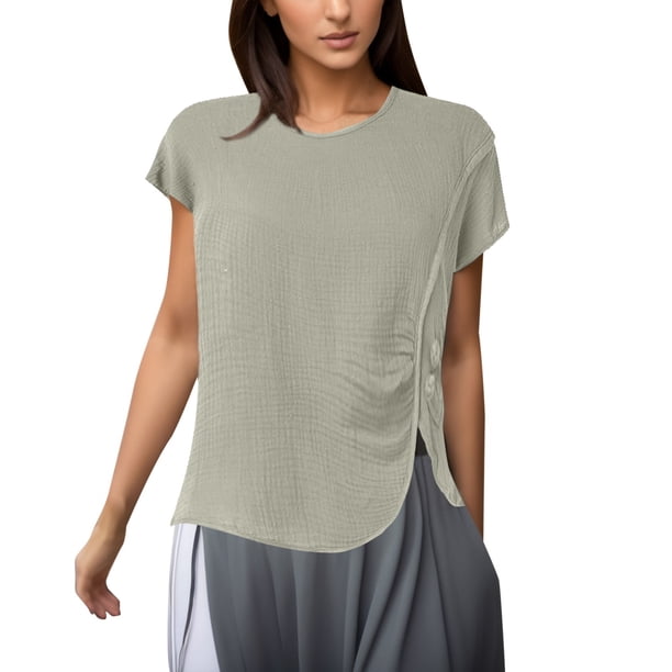 Gibobby Playera de Verano para Mujer Camiseta manga corta con cuello redondo informal color sólido suelto para mujer(Caqui,XL)