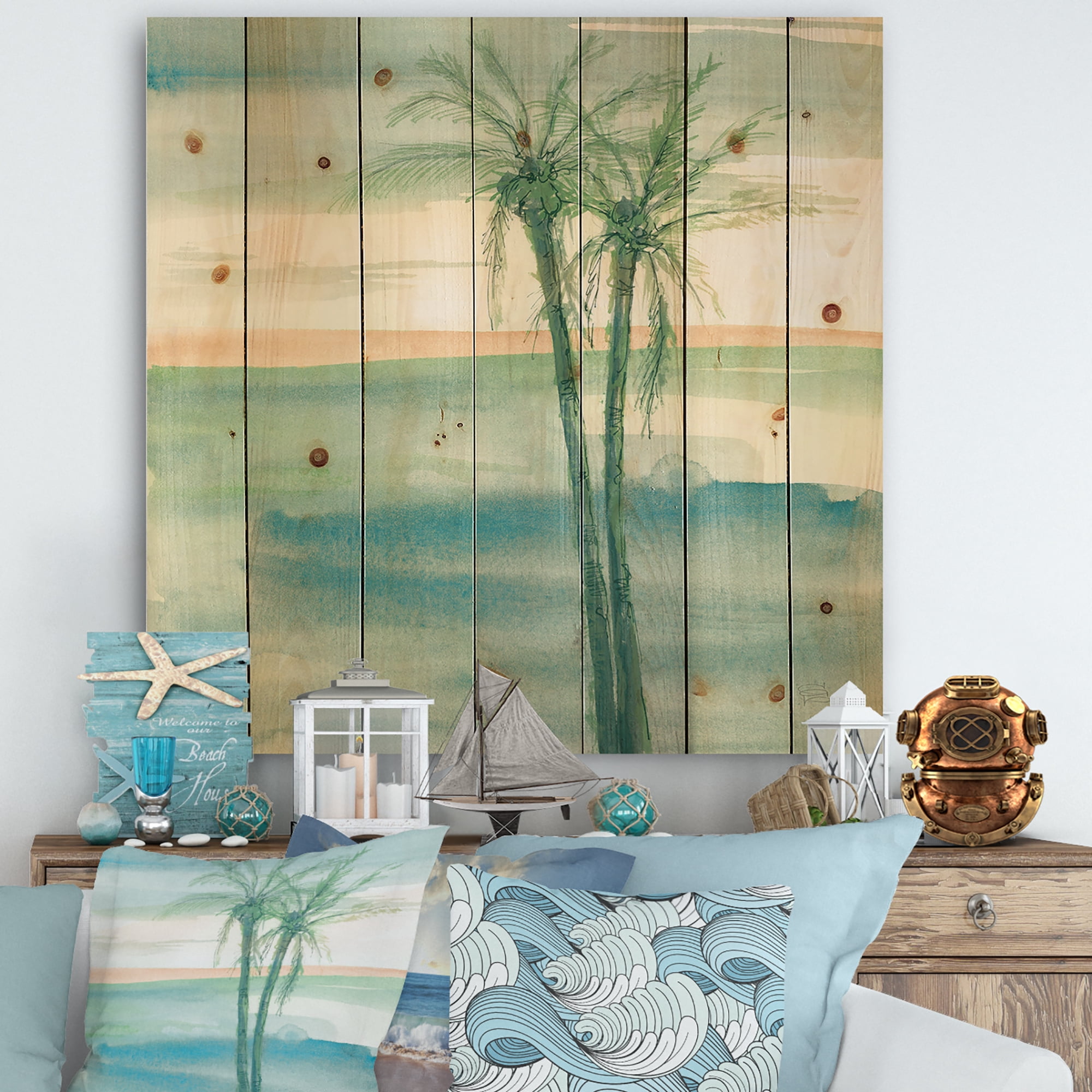 Designart 'Peaceful Dusk II Tropical' Tropical Print on Natural Pine Wood