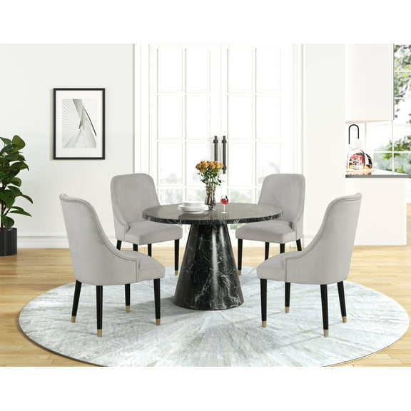 Luxury 5Pc Round Dining Set Black Faux Marble Table Gold Gray Velvet Chairs