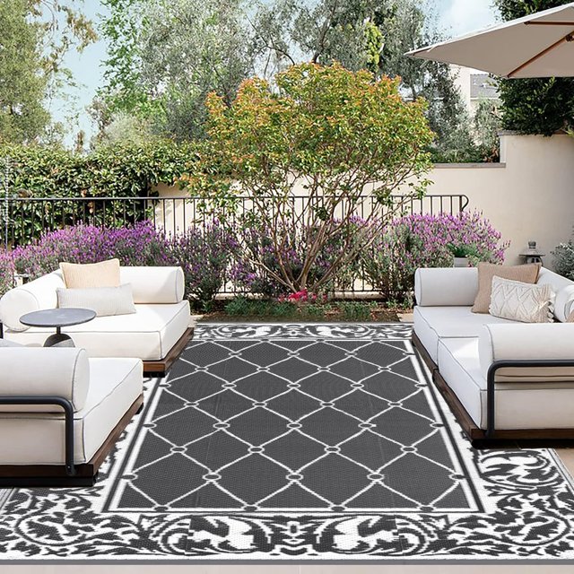 Tapis d'Intérieur et d'Extérieur pour Patio 6x9 ft - Tapis Réversible Extérieur, Résistant aux Taches et aux UV, Tapis Portable en Paille Plastique pour Camping, Piscine, Porche Losange Vert et Vanille