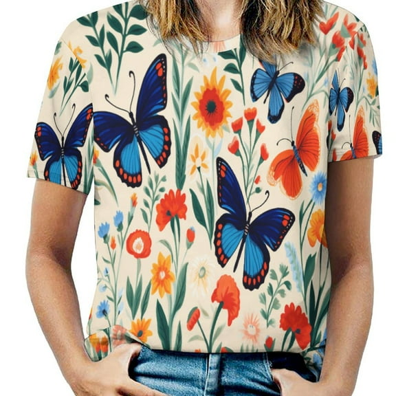 Watercolor Butterfly T Shirts Basic T-Shirt Short Sleeve Ladies Tee Shirt Summer Graphic Clothing