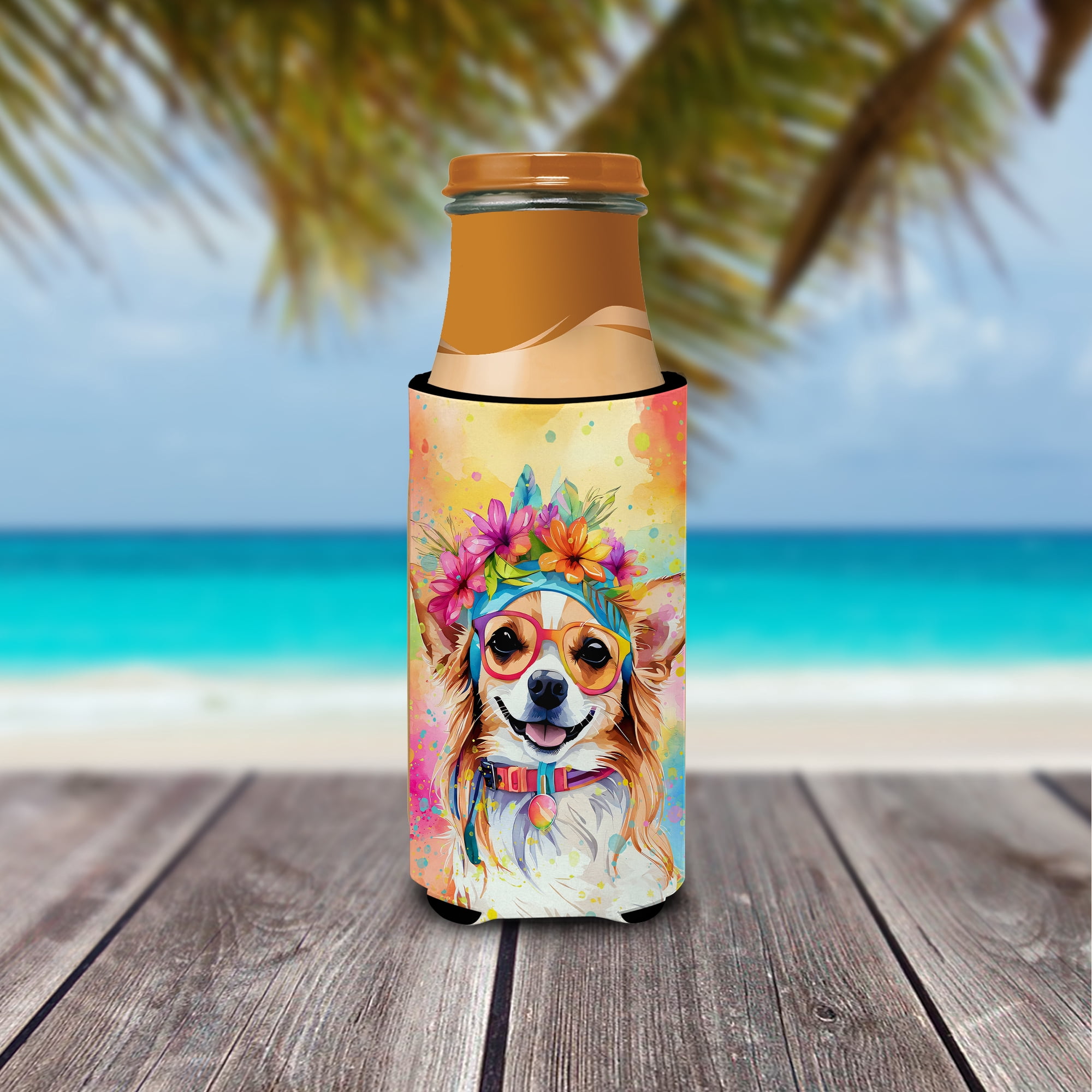 Chihuahua Hippie Dawg Hugger for Ultra Slim Cans 4 in x 6.5 in
