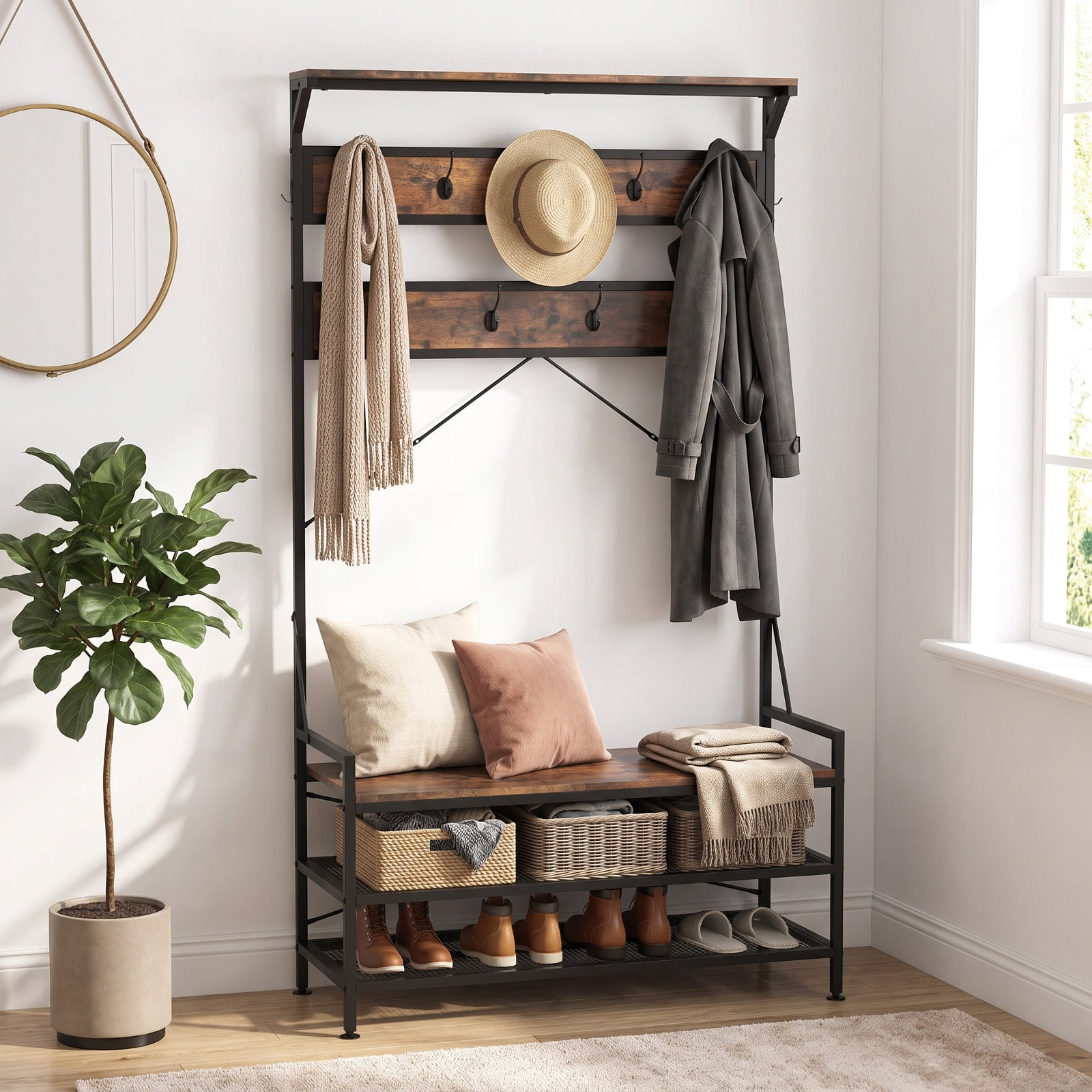 Furnibear 4 in 1 Hall Tree Coat Rack with 11 Hooks and Shoe Bench and Storage Shelf for Mudroom and Entryway, Rustic Brown