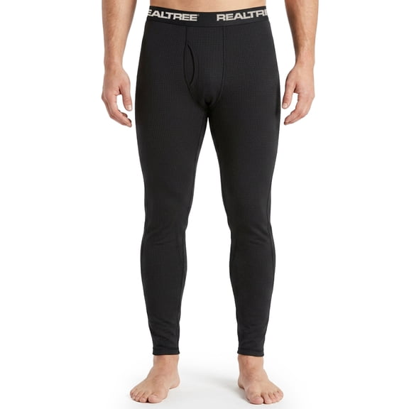 Realtree Men's Waffle Grid Fleece Base Layer Thermal Bottom, Black, M