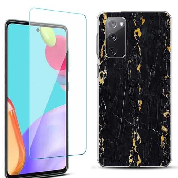 Slim-Fit Protective Phone Case for Samsung Galaxy S20 FE 5G Fan Edition, with Tempered Glass Screen Protector, by OneToughShield ® - Marble / Gold/Black