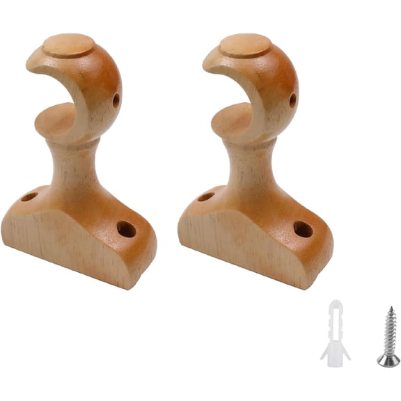 2PCS Wood Curtain Brackets, Single Rod Holders for Windows, 1.1-Inch Diameter, Natural Finish, Easy Mount Hardware for Bedroom & Living Room