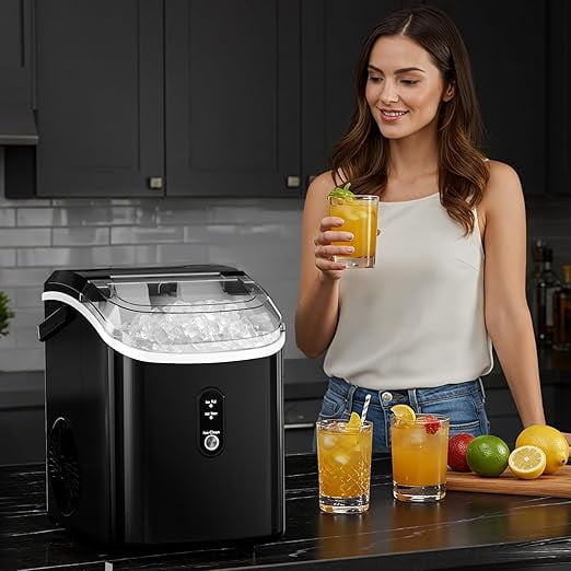 LHRIVER Nugget Ice Maker Countertop, 34lbs/24H with Self-Cleaning Function, Portable Sonic Ice Machine for Home/Office Stainless Steel Black