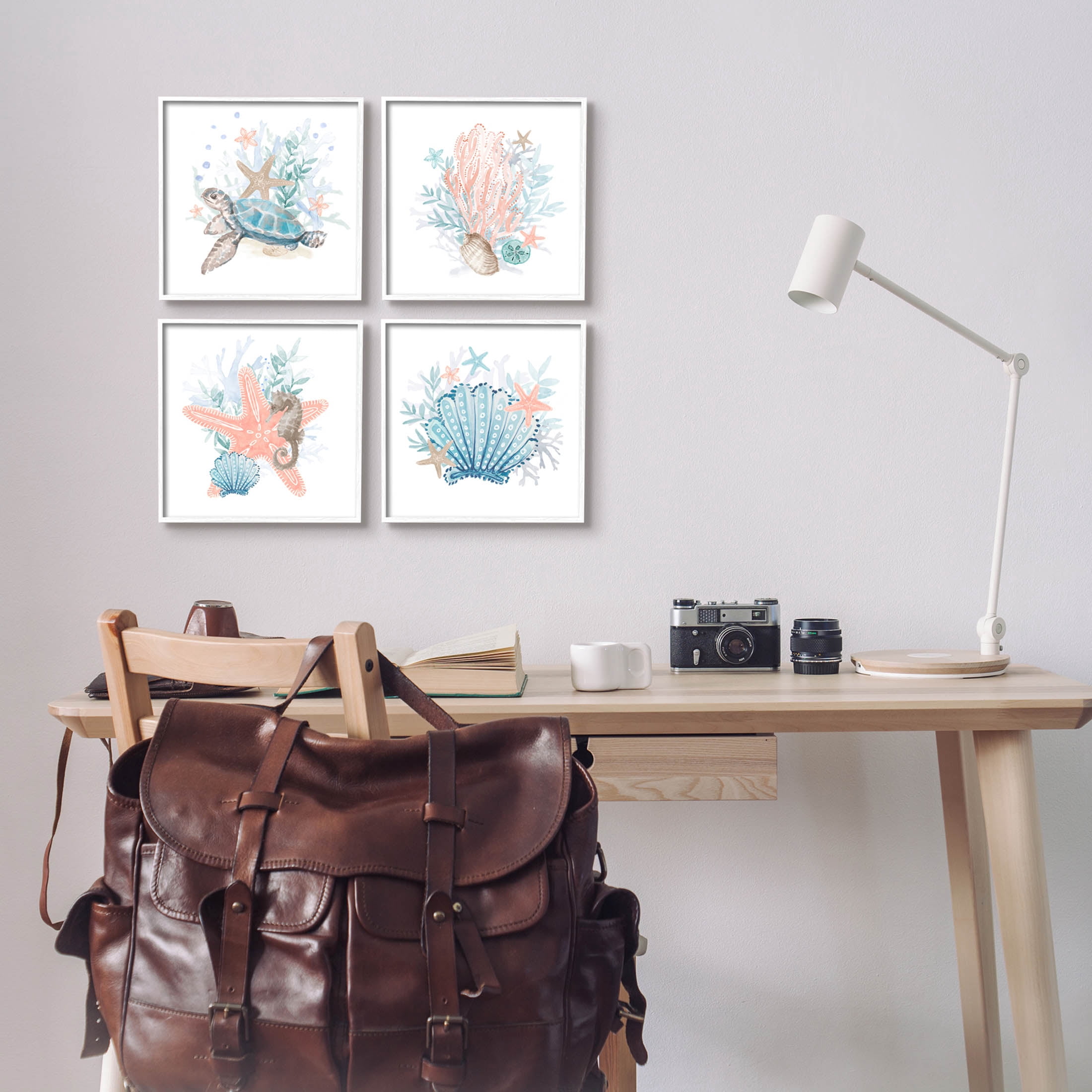 Various Sea Life Nautical Coral Reef Animals & Insects Graphic Art White Framed Art Print Wall Art, Set of 4