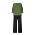 thumbnail image 4 of FRSASU Womens 2 Piece Cotton Linen Pants Suit Solid Casual Loose Outfit V Neck Top Shirts Wide Leg Trousers Sets Green XL(XL), 4 of 5