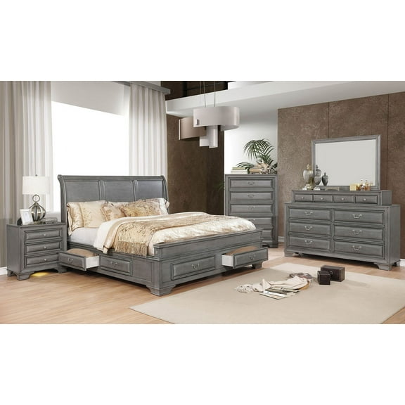 Elegance 3pc Bedroom Furniture Set Transitional Solid wood Queen Size Bed 2x Nightstands w USB Gray Storage Bed Drawers