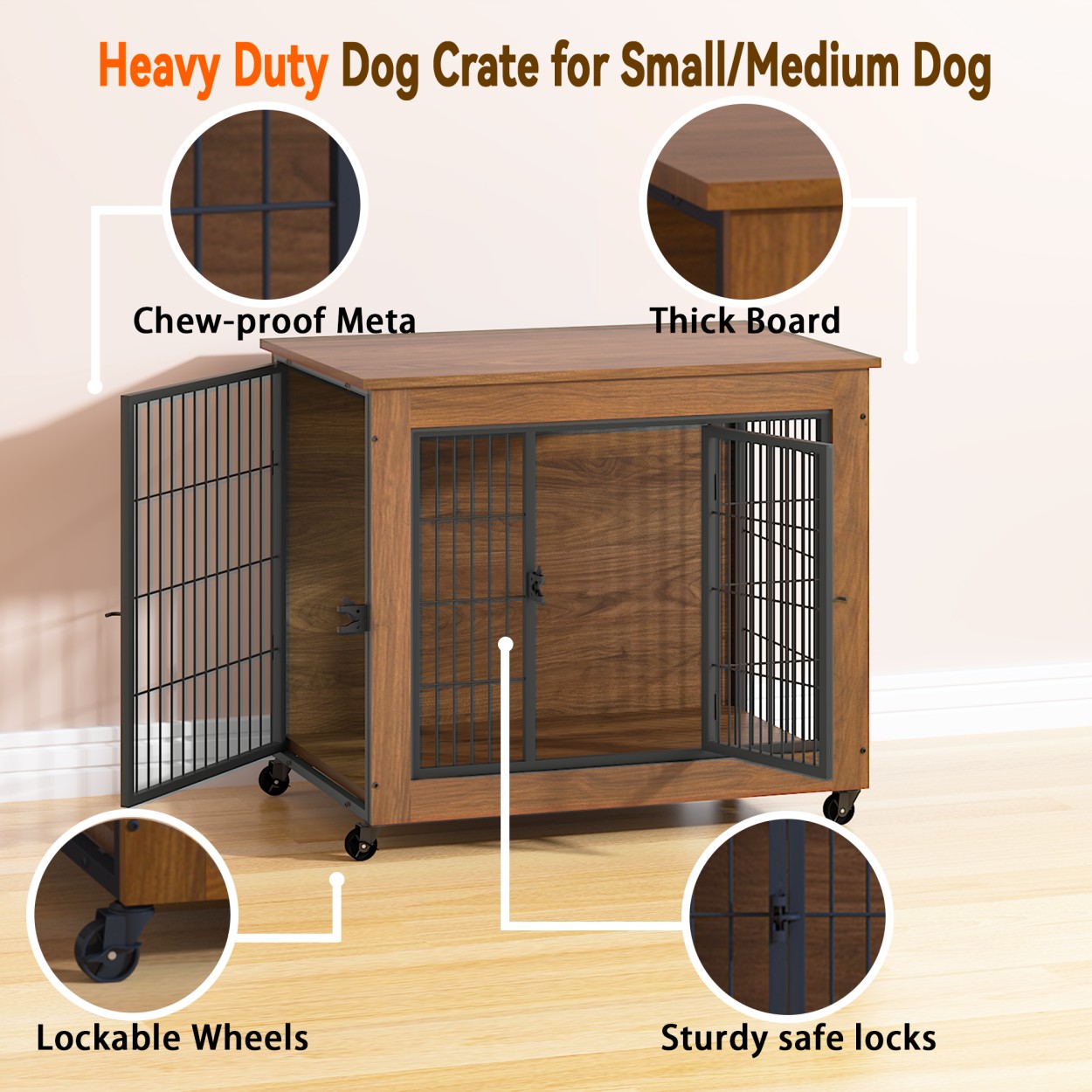 32.5" Dog Crate Furniture with Wheels for Small Dogs, Wooden Indoor Kennel with 2 Doors, Heavy Duty Metal Dog Cage End Table, Double Door Pet Crate, Brown