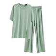 thumbnail image 2 of RYDCOT Summer 2024 Lounge Sets for Women 2 Piece Long Pants Solid Color Short Sleeve Round-Neck and Wide Leg Pants Sets Sleepwear Pajamas Sets or Green, 2 of 5