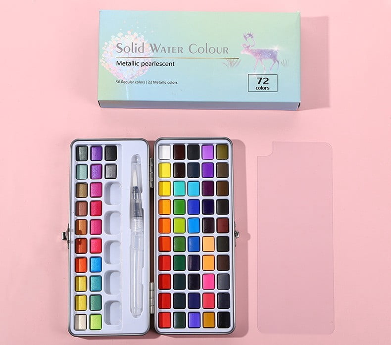 Portable Solid Watercolor Paint Set, 24-Color Artist Paint Kit with Water Brush Mixing Palette for Sketching Painting Home Studio Outdoor Art Projects