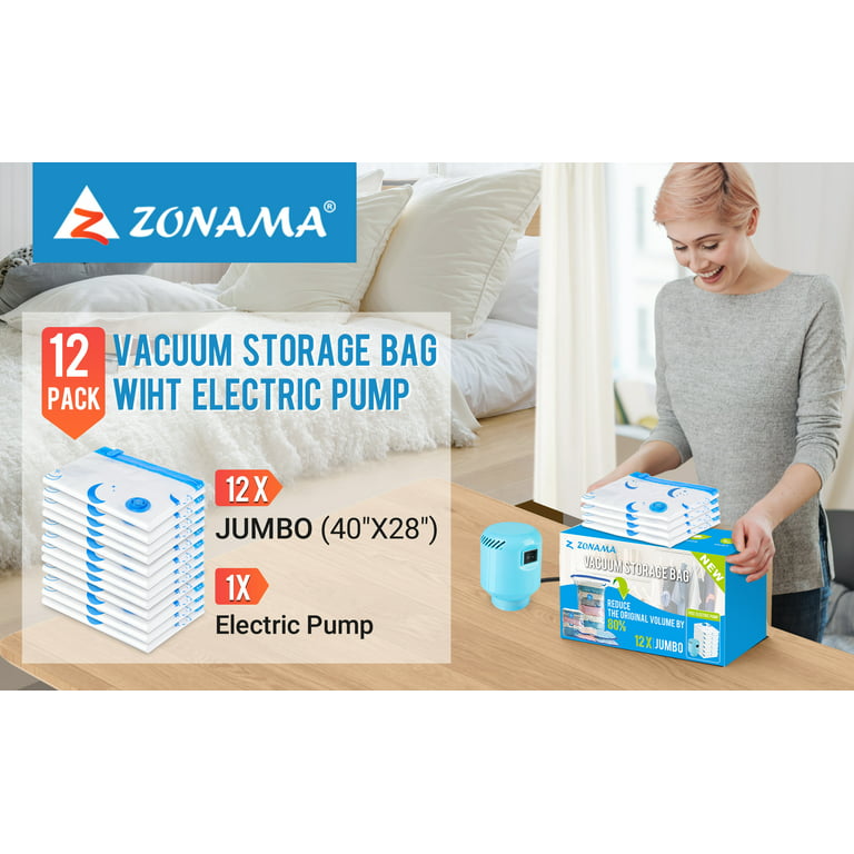 Z ZONAMA Vacuum Storage Bags, 12 Pack Jumbo Vacuum Cleaners Seal Bags with  Electric Pump, Reusable Vacuum Compression Space Saving Bags for Clothes  Mattress Blankets Duvets Pillows Comforters 40x28 