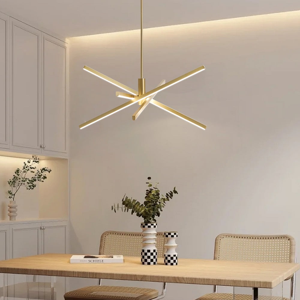 Gold LED Chandelier for Dining Room, 27.76in Dimmable 4-Lights Modern Ceiling Pendant Light Fixture for Kitchen Living Room Entry Foyer 3000K/4000K/5000K 24W