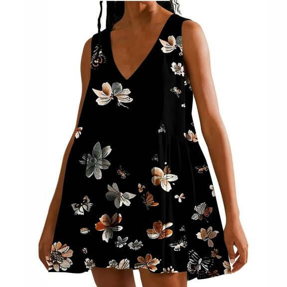 Hxshgdsn Womens V Neck Sleeveless Dress 2025 Trendy Boho Floral Print Loose Summer Pleated Swing Flowy Mini Sundress,Red,XL