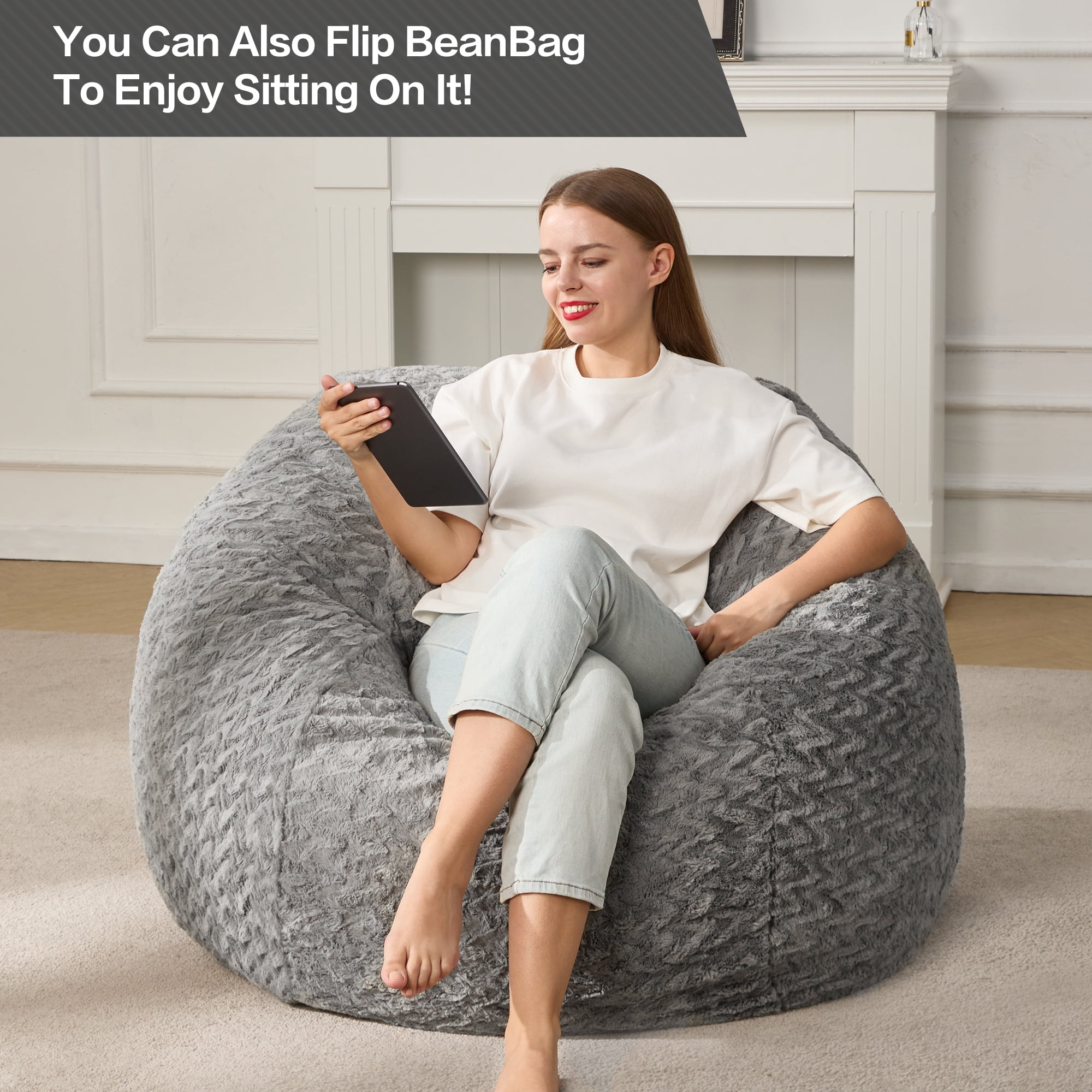 Hobestluk 3ft Bean Bag Chairs for Adults Large Beanbag Chair with Chevron Plush Fur Cover Big Bean Bag Chair for Living Room Bedroom Dorm Office - Grey (36” x 36” x 22”)