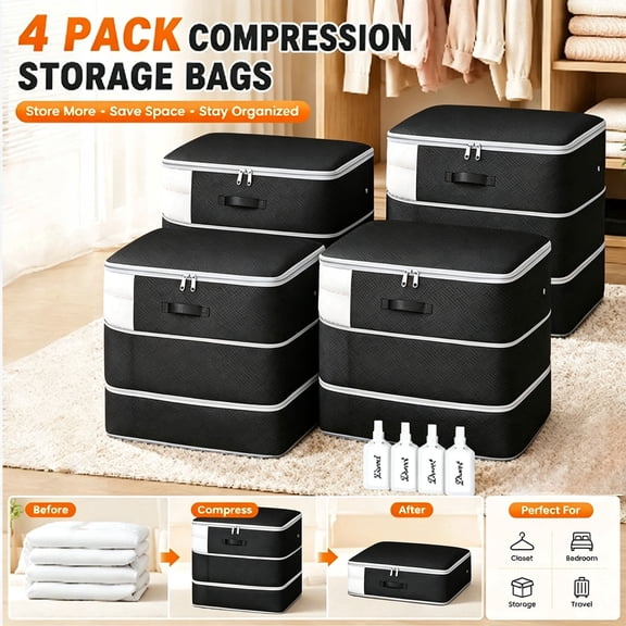 DIMJ Moving Bags with Zipper Quilted Comforter Storage Bags 4 Pack, 170G Heavy Duty Clothes Bedding Organizer Containers for Underbed Closet Organization,Black