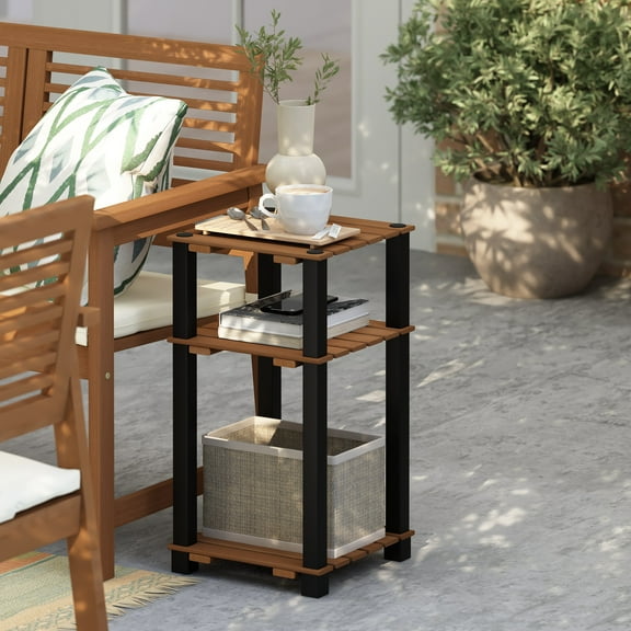 Furinno Pangkor 3-Tier Turn-N-Tube Indoor Outdoor Plant Shelf Wood Side Table with Square Poles, Natural/Black