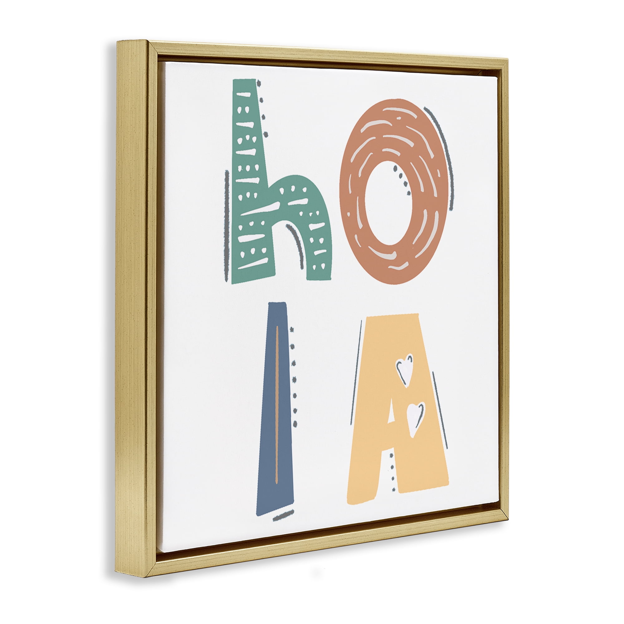 Stupell Industries Hola con Tipografía Divertida Typography and Symbols Painting Gold Floater Framed Art Print Wall Art, 25 x 25