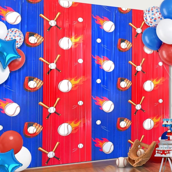Sinekong 2 Pack Baseball Tinsel Foil Fringe Curtains Backdrop, Red Blue White Door Streamers Banner, 3.3 x 6.6 ft Sports Themed Birthday Party Decor