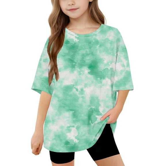 Girls Oversized Graphic Shirts Tie Dye Half Sleeve T Shirts Loose Long Tunic Tops to Wear with Leggings Size 5-15 Green， 6 Years