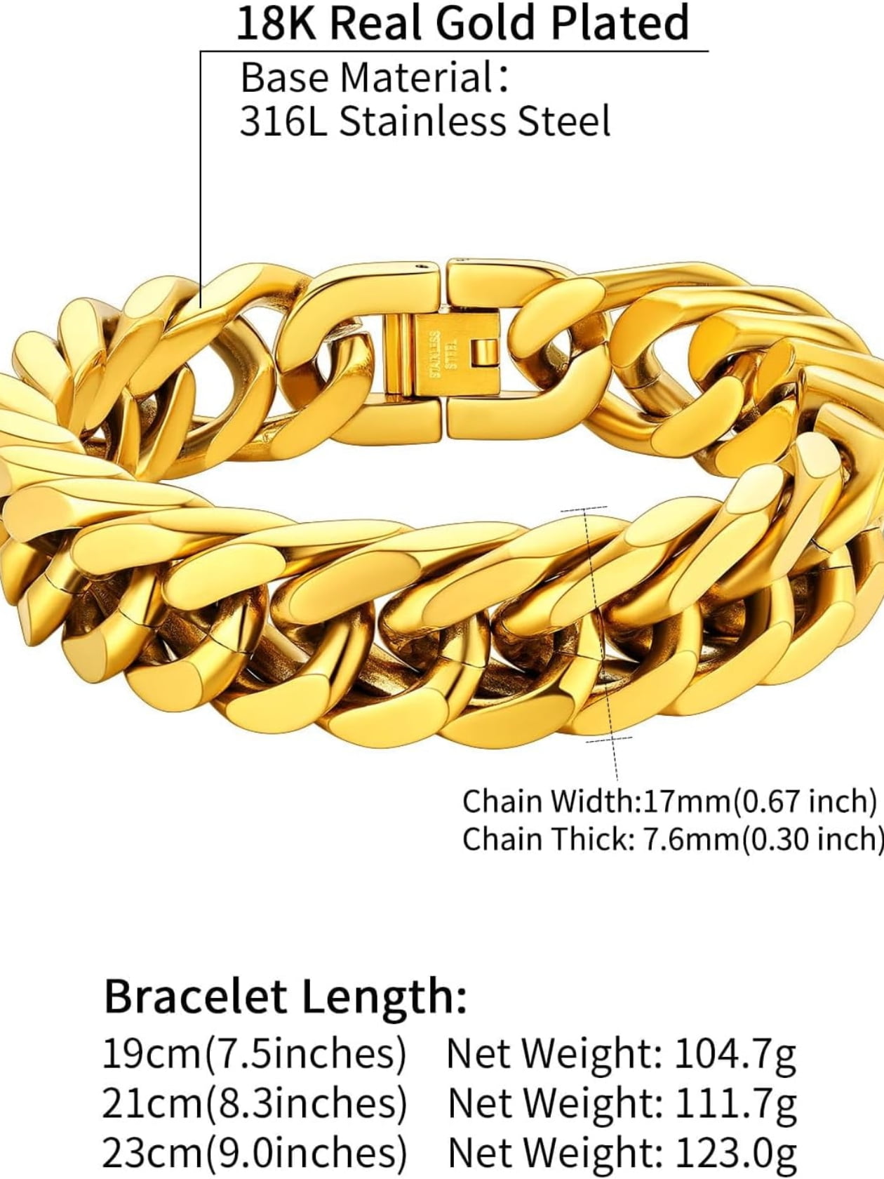 ChainsHouse 14k Gold Plated Cuban Link Bracelet for Men Chunky 8mm/12mm/17mm Width Men's Chain Bracelets Stainless Steel Punk Jewelry Gift