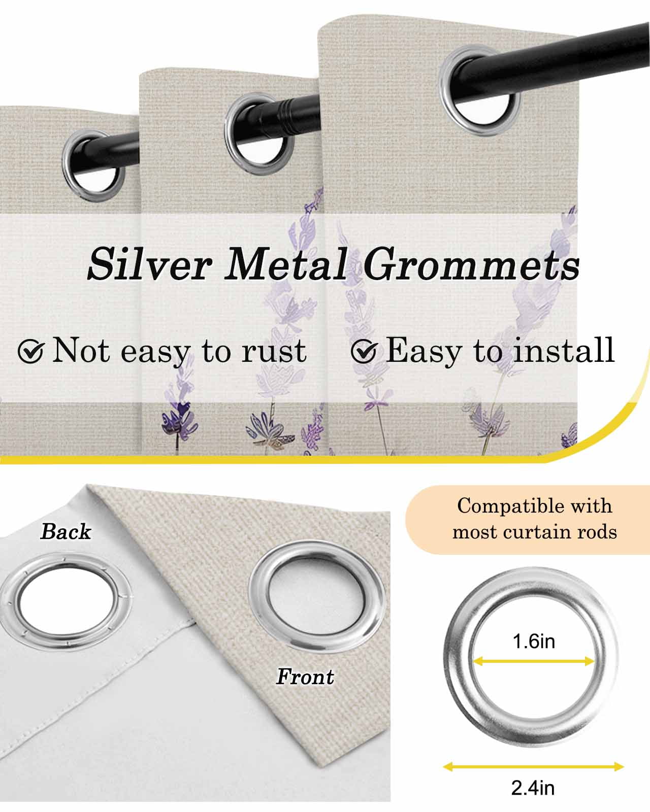 Spring Flower Blackout Curtains for Bedroom Living Room, Vintage Purple Lavender Linen Texture 84 In Long Thermal Insulated Room Darkening Drapes Grommet Window Treatments, 42 x 84 In