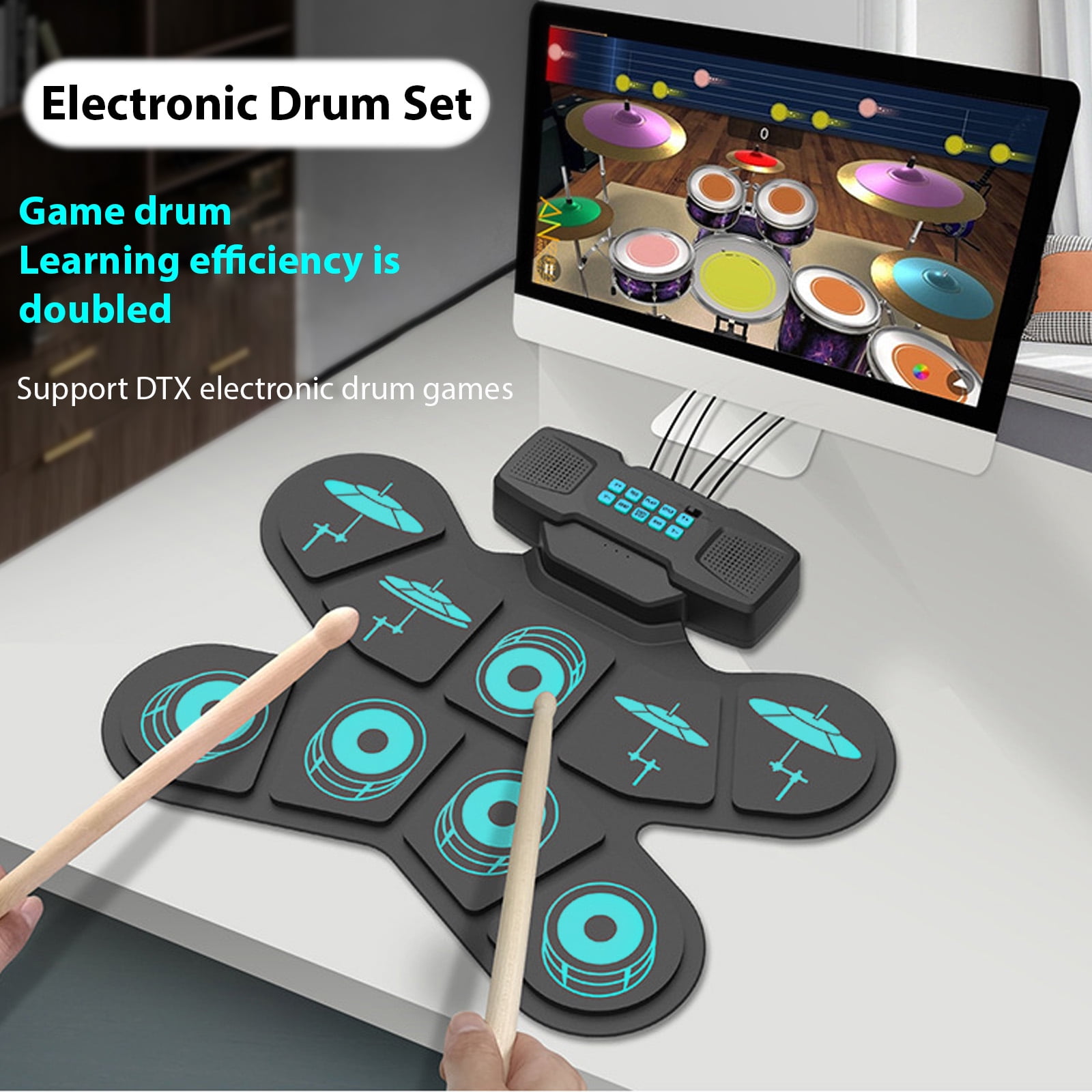 Nishore Electronic Drum,Birthday Pad Drum Pad Drum Kit Drumsticks Pedal Midi Set Hand Roll Drum Kit With Kit With Drumsticks Set 9 Pads With Drumsticks Pedal Drum Set Hand Roll Drum Hxber Siuke Bortt