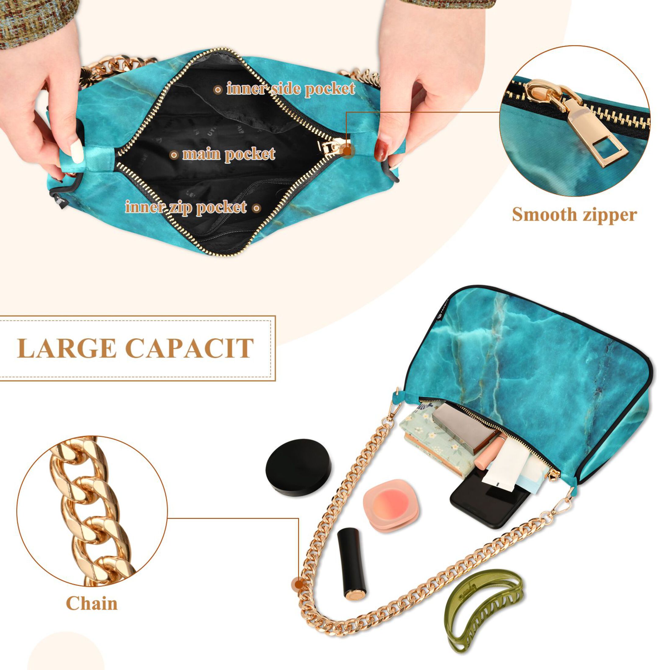 Teal Green Marble Texture Womens Chain Shoulder Bag Tote Handbag Clutch Hobo Purse with Zipper for Travel Casual