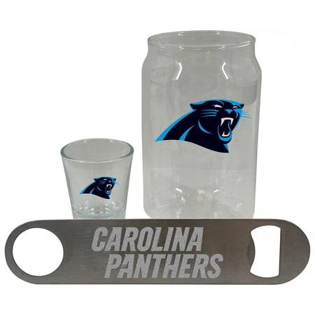 The Memory Company Carolina Panthers Three-Pack Beer Glass 2oz. Shot Glass & Bottle Opener Set