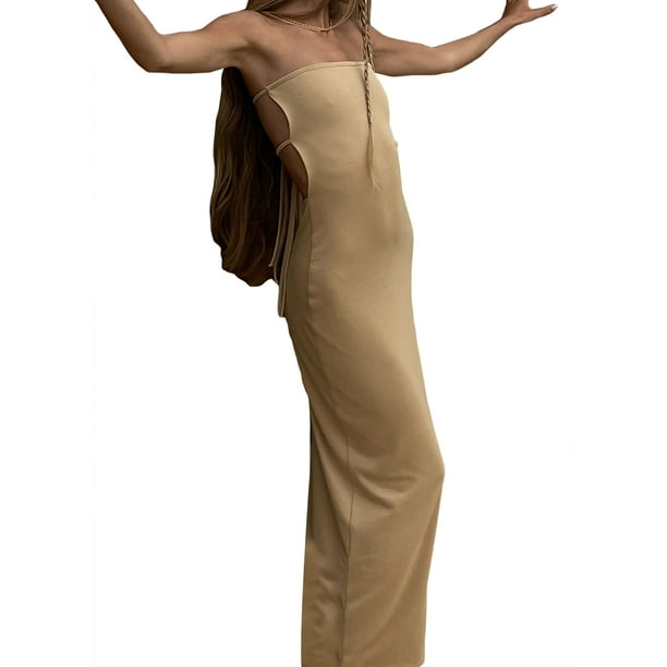 VISgogo Vestido de tubo para mujer, sin mangas, sin espalda, con cordones, sólido, para verano, cóctel, vestido largo VISgogo moda