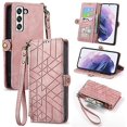 thumbnail image 1 of Funda de cuero con hebilla lateral y cremallera geométrica para Samsung Galaxy S23 Ultra 5g (rosa), 1 of 5