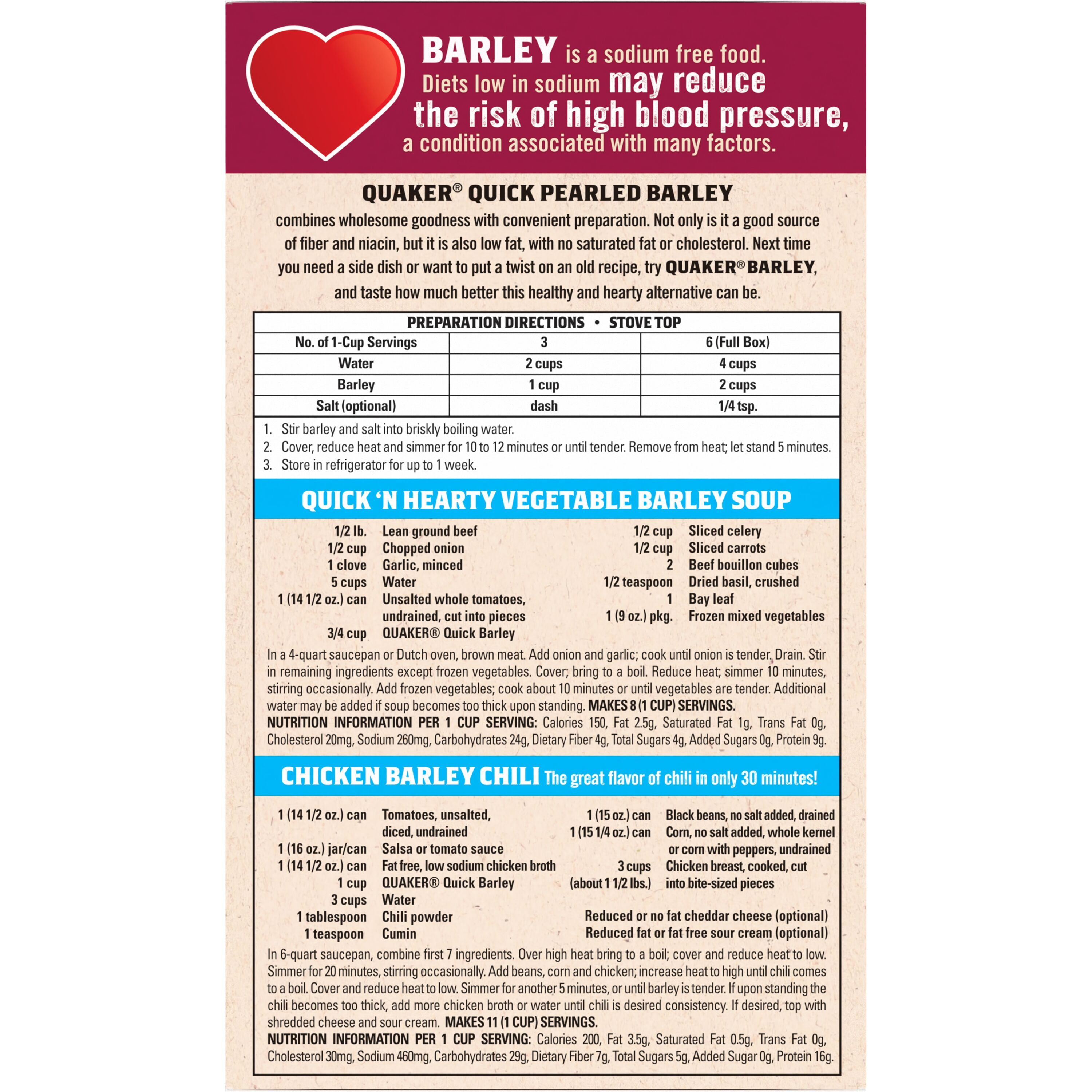 Quaker Quick Pearled Barley, 11 oz, Single Pack, Low Fat, Sodium Free