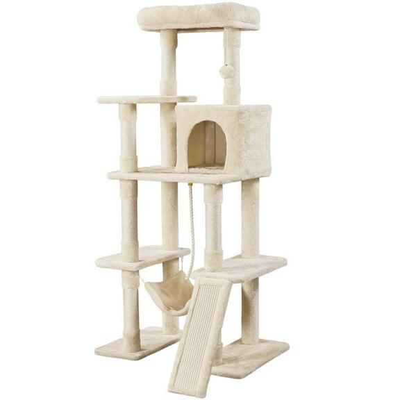 Yaheetech 62.6 Inch Multilevel Cat Tree with Hammock and 7 Scratching Posts, Beige