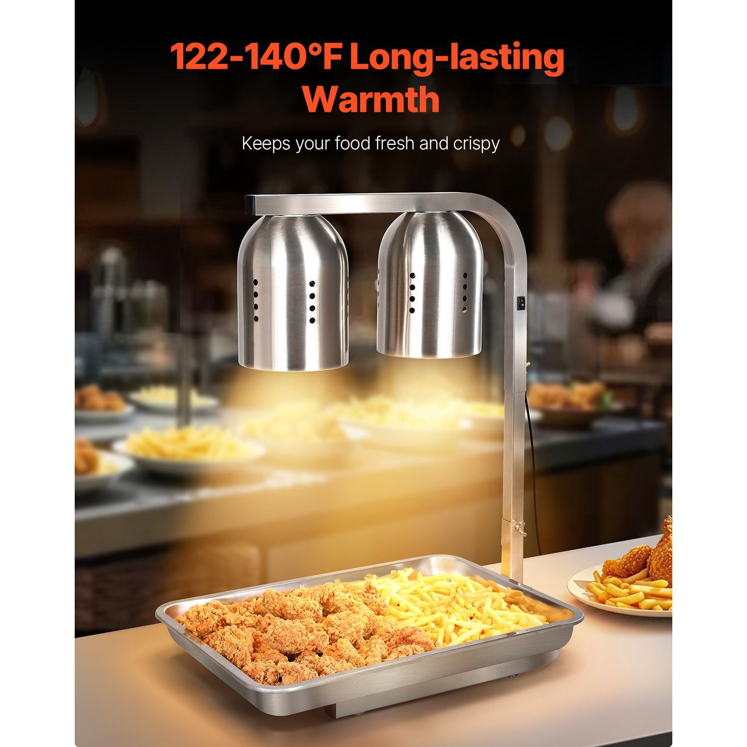500W Commercial Food Heat Lamp with Adjustable Height, 26.4-30.3", 2 x 250W Infrared Bulbs, Stainless Steel, for Restaurant Cafe Buffet