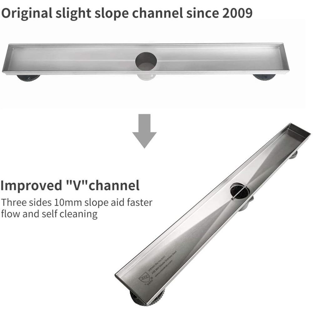 Kepooman 48" Linear Shower Drain with Leveling Feet and Hair Strainer, Professional Brushed 304 Stainless Steel Rectangle Shower Floor Drain for Home Kepooman 48" Linear Shower Drain with Leveling Feet and Hair Strainer, Professional Brushed 304 Stainless Steel Rectangle Shower Floor Drain for Home