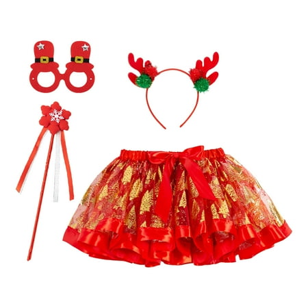 

QBGSAY Toddler Girls Dress Kids Christmas Dance Party Cartoon Skirt Ballet Skirts Hairband 4Pcs Set Sweet Cute Dresses