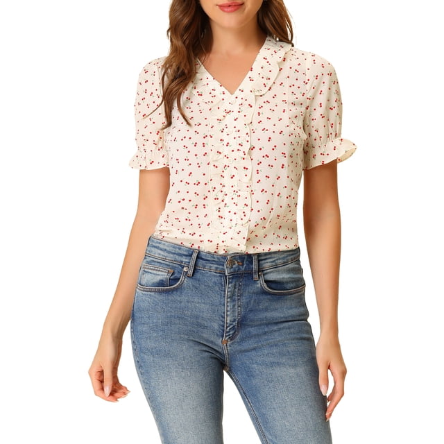 INSPIRE CHIC Women's Cherry Print Ruffle V Neck Short Sleeve Summer Blouses XS Beige